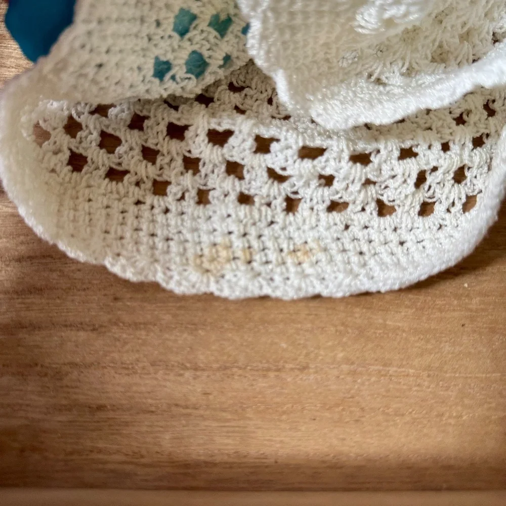 White Crochet Baby Hat With Multicolor Satin Flower Appliqué‎